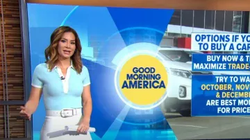 Alice + Olivia Pia Rib-Knit Polo Shirt worn by Rebecca Jarvis as seen in Good Morning America on August 22, 2023