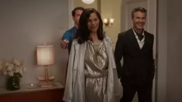 Balmain Monogram-Print Metallic Silk-Blend Wrap Midi Dress worn by Seema Patel (Sarita Choudhury) as seen in And Just Like That… (S02E11)