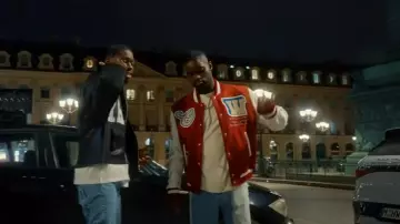 Off-White Red On The Go Var­si­ty Jack­et worn by Dave in Meridian music video by Tiakola x Dave