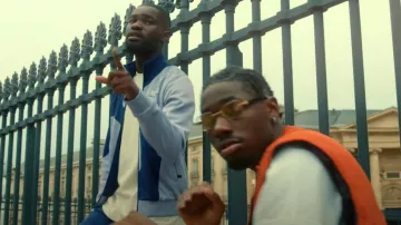 Off-White Pur­ple Swirl Track Jack­et worn by Dave in Meridian music video by Tiakola x Dave