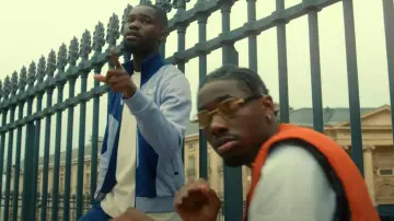 Off-White Pur­ple Swirl Track Jack­et worn by Dave in Meridian music video by Tiakola x Dave