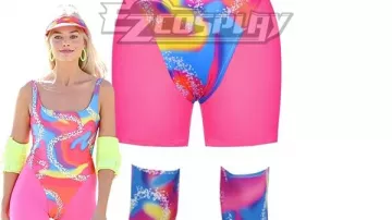 El traje de pantalones cortos deportivos estampados en rosa neón usado por Barbie (Margot Robbie) en la película Barbie