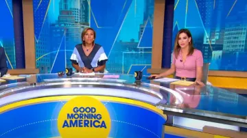 Maje Miliane Rib Polo Sweater worn by Rebecca Jarvis as seen in Good Morning America on August 28, 2023