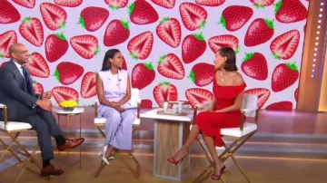 Maison Ernest Lidylle Patent Leather Sandal In Red worn by Hailey Baldwin as seen in Good Morning America on August 28, 2023