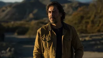 Denim jacket in khaki worn by Leo (Javier Bardem) as seen in The Roads Not Taken movie