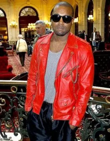 Red Leather Jacket worn by Kanye West at Paris Fashion Week Ready To Wear Fall/Winter 2012 - Balmain - at the Hotel Scribe Paris, France - 03.03.11