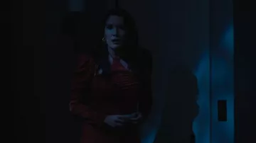 Astr The Label Cinched Hal­ter­neck Satin Dress worn by Zoe (Zoë Chao) as seen in The Afterparty (S02E10)