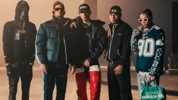 Celine Black & Brown Monogram Track Jacket worn by Myke Towers in "LOS DUEÑOS DE LA CALLE" by OMAR COURTZ x Jhayco x Dei V feat. Myke Towers, YOVNGCHIMI (Video Oficial)