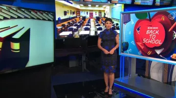 Shelli Segal Mock Neck Lace Dress by Laundry worn by Jericka Duncan as seen in CBS Evening News on September 4, 2023