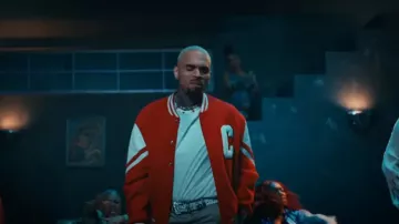 Celine Red C-Patch Teddy Jacket worn by Chris Brown in How We Roll with Ciara (Official Music Video)