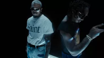 Saint Michael White Saint T-Shirt worn by Chris Brown in City Of Dreams by Tyla Yaweh (Official Music Video)