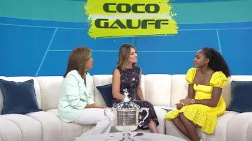 Ganni Broderie Anglaise Flared Dress worn by Coco Gauff as seen in Today on September 11, 2023