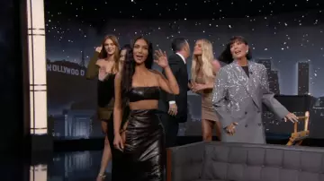 Leather bra and skirt ensemble worn by Kim Kardashian as seen in Jimmy Kimmel Live! on April 6, 2022