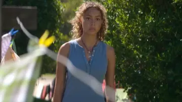 Grab Denim Rib Hen­ley Tank in La­goon Blue worn by Bodhi Mercer (Savannah La Rain) as seen in Surviving Summer (S02E05)