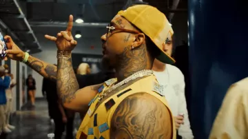 Rhude Yellow & Beige Mountain Logo Trucker Hat worn by Doe Boy in Smack Sh*t with Doe Boy Skilla Baby (Official Music Video)