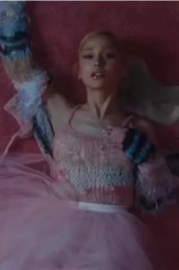 Rodarte Pink And Grey Loose Hand Knit Wrap Sweater worn by Ariana Grande on her Instagram Post on August 13, 2023