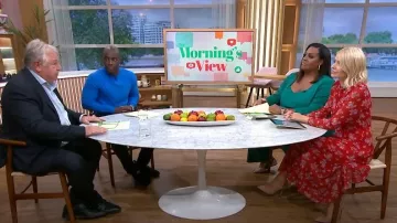 LK Bennett Keira Red Floral Print Silk Dress worn by Holly Willoughby as seen in This Morning on September 21, 2023