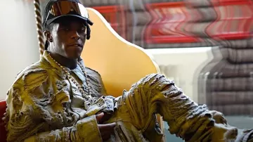 Rick Owens Mineral Pearl Destroyed Denim Jumbo Worker Jacket worn by Lil Uzi Vert in NFL music video