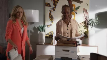 Maje Varcel Striped Belted Organic-Cotton And Linen-Blend Blazer In Beige worn by Vanessa 'Ness' Johnson (Samantha Marie Ware) as seen in All Rise (S03E13)
