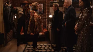 Prada Metallic Triangle-Logo Loafers worn by Donna DeMeo (Linda Emond) as seen in Only Murders in the Building (S03E10)