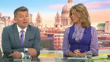 LK Bennett Emelia Purple and Cream Striped Blouse worn by Kate Garraway as seen in Good Morning Britain on September 22, 2023
