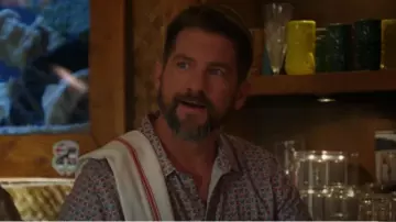 Marine Layer Short Sleeve Tencel Linen Shirt in Faded Rose Geo Print worn by Rick (Zachary Knighton) as seen in Magnum P.I. (S05E11)