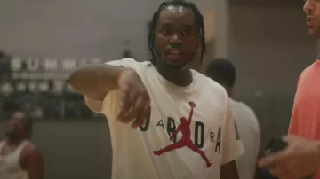 Air Jordan White Stretch Lo­go T Shirt worn by Fivio Foreign in Why Would I? (Official Video)