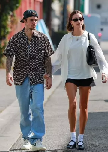 Bottega Veneta Small Drop Earrings worn by Hailey Baldwin in West Hollywood on October 9, 2023