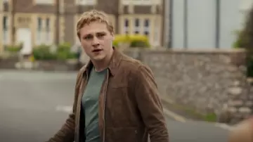 Reiss Lace Mushroom Suede Zip Through Jacket worn by Simon (Ben Hardy) as seen in The Girl Before (S01E01)
