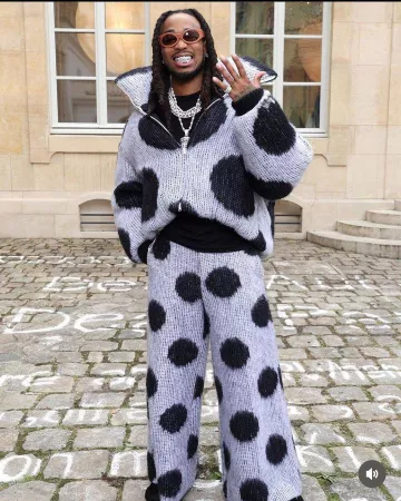 Marni White & Black Polka Dot Knit Puffer Jacket porté par Quavo sur le compte Instagram @quavohuncho