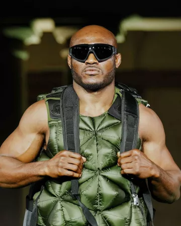 Moncler x Pharrell Olive Green Holly Vest worn by Kamaru Usman on the Instagram account @usman84kg