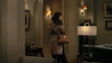 Jimmy Choo Lockett Brown Leather Gold Studded Medium Size Top worn by Verna (Carla Gugino) as seen in The Fall of the House of Usher (S01E03)