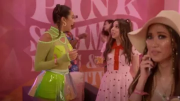 J valentine Holo­graph­ic Vinyl Pin­wheel Skirt worn by Stella Cole (Shay Mitchell) as seen in Dollface (S02E06)