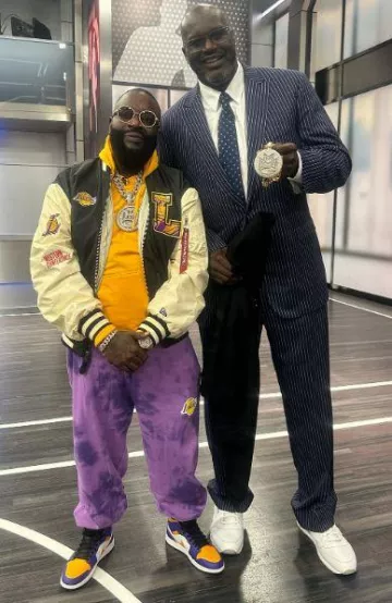 Alpha Industries x Los Angeles Lakers Bomber Jacket worn by Rick Ross on the Instagram account @richforever