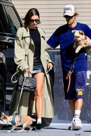 Vivienne Westwood Hazel Quilted Leather Shoulder Bag worn by Hailey Baldwin in West Hollywood on October 29, 2023