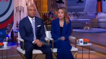 Karen Millen Polished Stretch Wool Blend Double Breasted Blazer worn by Eva Pilgrim as seen in Good Morning America on October 31, 2023