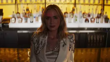 Satin Metallic-Embellished Blazer worn by Liza Drake (Emily Blunt) as seen in Pain Hustlers movie