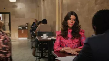 Sindiso Khumalo Swati Ruf­fled Print­ed Silk Mi­ni Dress worn by Maggie Palmer (Suzanne Cryer) as seen in All Rise (S03E18)