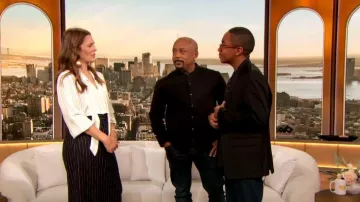 Ann Taylor Dot Stripe Mixed Media Tie Neck Blouse worn by Drew Barrymore as seen in The Drew Barrymore Show on November 4, 2023