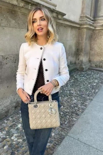 Dior Cropped Jacket In Ecru Double-Sided Virgin Wool Boucle worn by Chiara Ferragni on her Instagram Post on  November 8, 2023