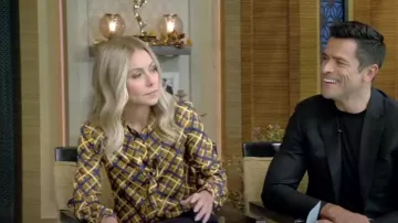 Saint Laurent Retro Diamond-Printed Silk Blouse worn by Kelly Ripa as seen in LIVE with Kelly and Mark on November 6, 2023