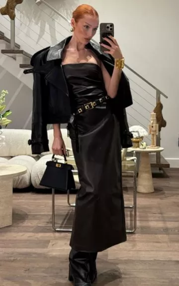 Saint Laurent Cropped Leather Biker Jacket worn by Meredith Duxbury on her Instagram Story on November 5, 2023