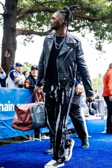 Amiri Black Leather Biker Jacket worn by CeeDee Lamb on the Instagram account @cee2x___