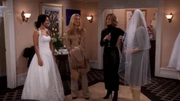 Margaret Godfrey Leather Elastic Waist Midi A-line Black Skirt worn by Rachel Green (Jennifer Aniston) in Friends TV series (S07E17)