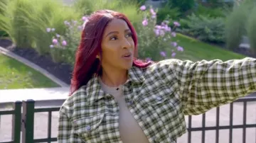 BDG Carissa Flannel Cropped Shirt Jacket worn by Kyra Epps as seen in Buying Back the Block (S01E01)