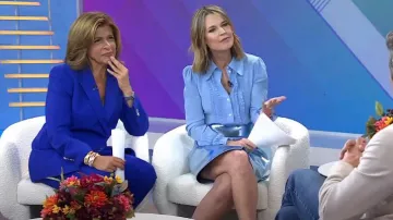 Victoria Beckham Wrap-Effect Metallic Scuba Skirt worn by Savannah Guthrie as seen in Today on November 14, 2023