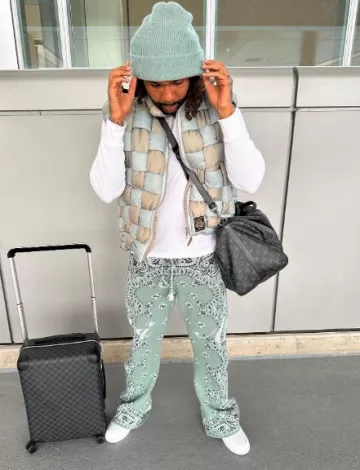 Kapital Light Green & Blue Woven Keel Down Vest worn by Money Man on the Instagram account @moneyman