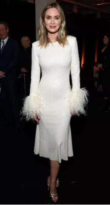 Self-Portrait Cream Sequin Feather Midi Dress worn by Emily Blunt at Variety Power of Women on November 16, 2023