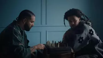Acne Studios Grey & Allover Black Flowers Hoodie worn by J. Cole in Drake - First Person Shooter ft. J. Cole