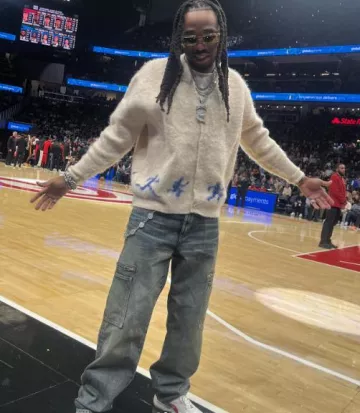 Kidsuper Cream & Blue Running Guys Cardigan worn by Quavo on the Instagram account @quavohuncho